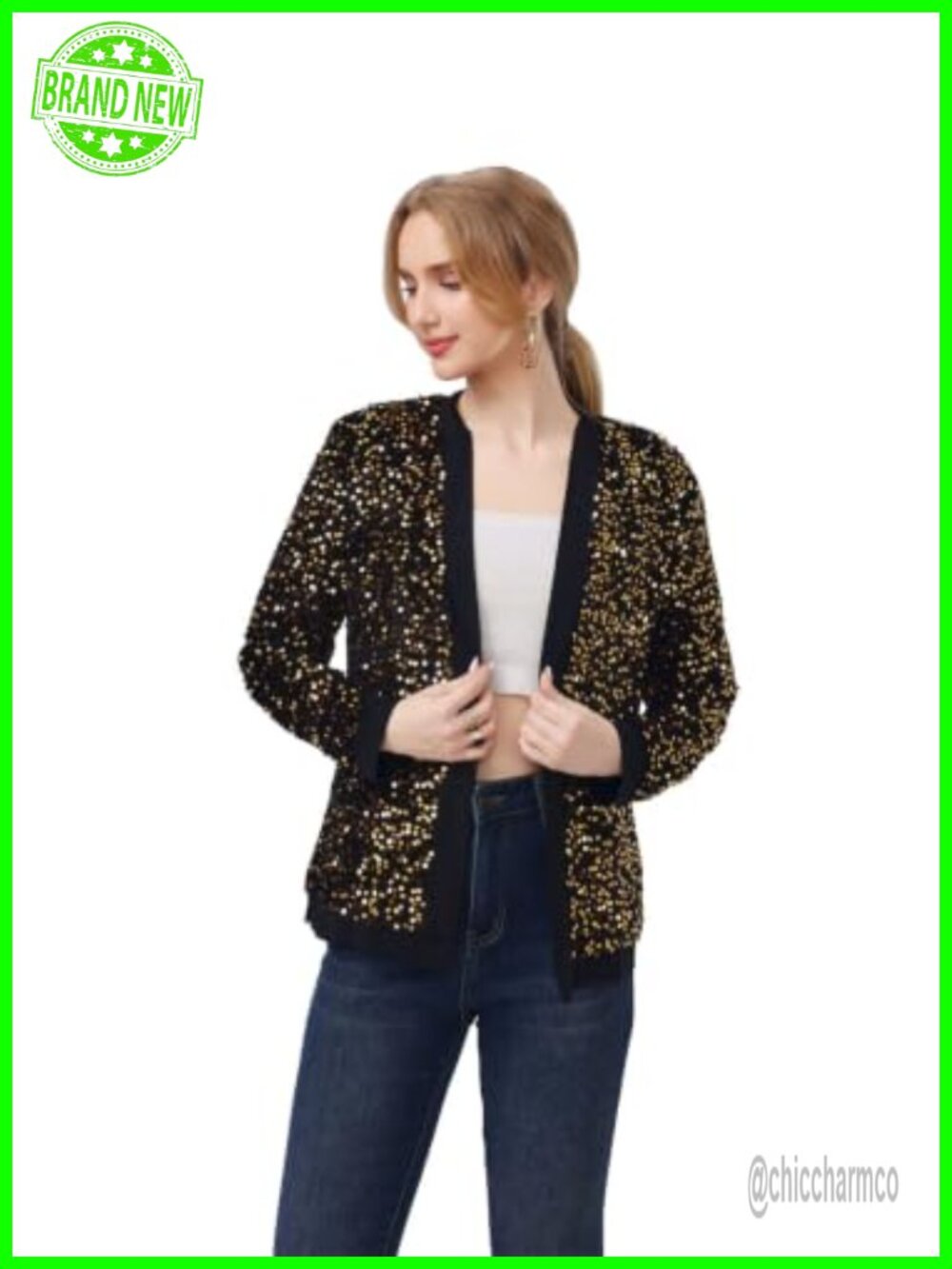 Sequin Velour Cropped Cardigan Open Front Sparkly Party Blazer Shimmer Coat